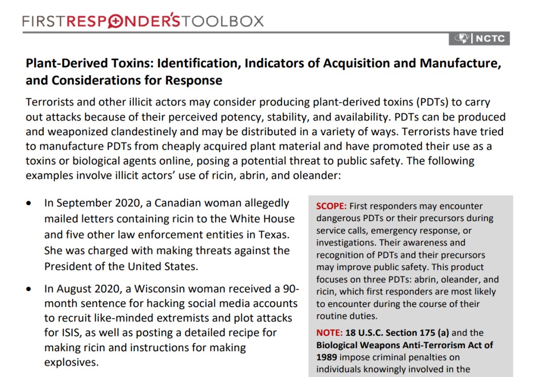 Plant-Derived Toxins: Identification, Indicators of Acquisition and Manufacture, and Considerations for Response