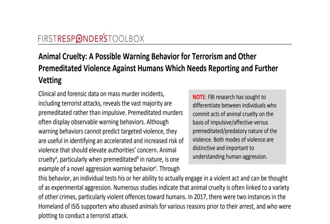 Animal Cruelty: A Possible Warning Behavior for Terrorism and Other Premeditated Violence Against Humans Which Needs Reporting and Further Vetting