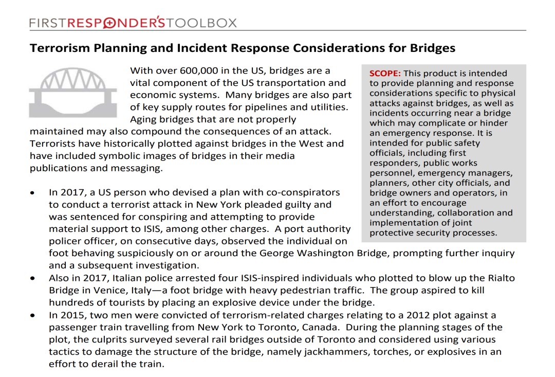 Terrorism Planning and Incident Response Considerations for Bridges