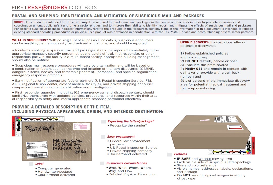 Postal and Shipping: Identification and Mitigation of Suspicious Mail and Packages