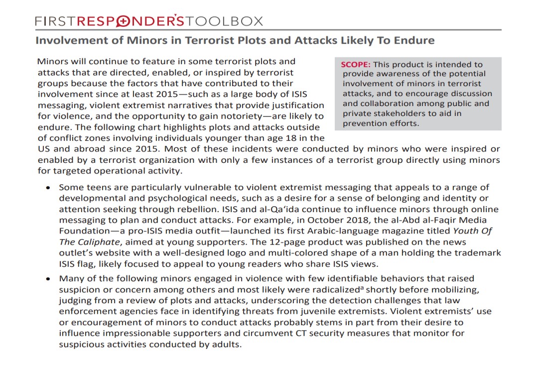 Involvement of Minors in Terrorist Plots and Attacks Likely To Endure