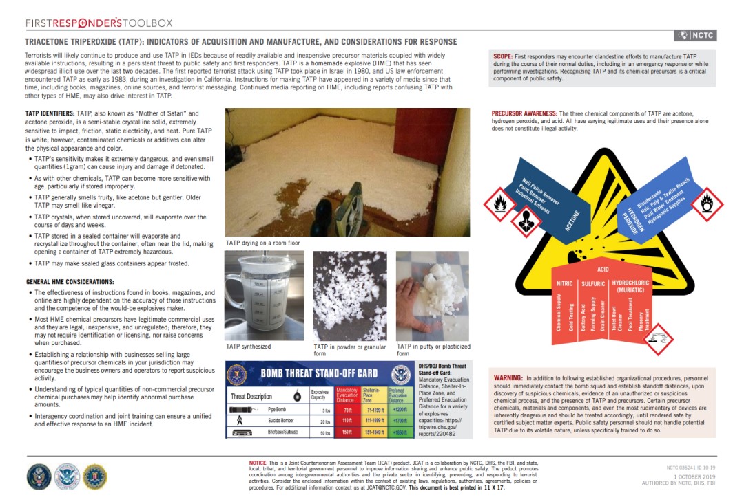 Triacetone Triperoxide (TATP): Indicators of Acquisition and Manufacture, and Considerations for Response