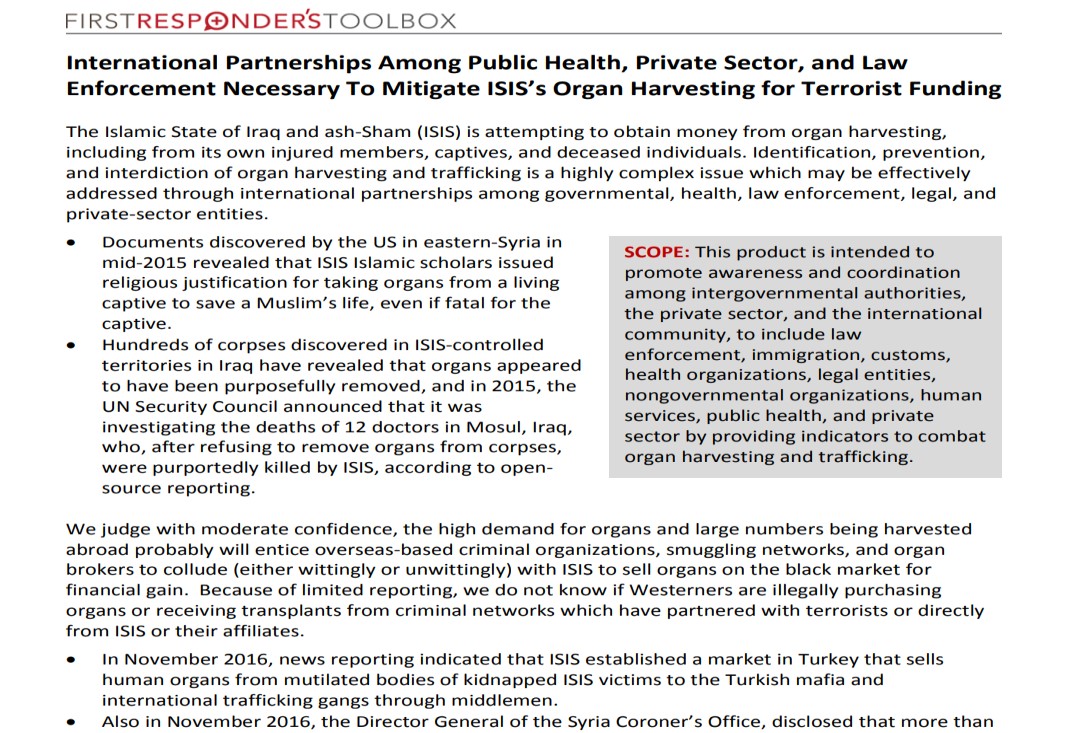 International Partnerships Among Public Health, Private Sector, and Law Enforcement Necessary To Mitigate ISIS’s Organ Harvesting for Terrorist Funding