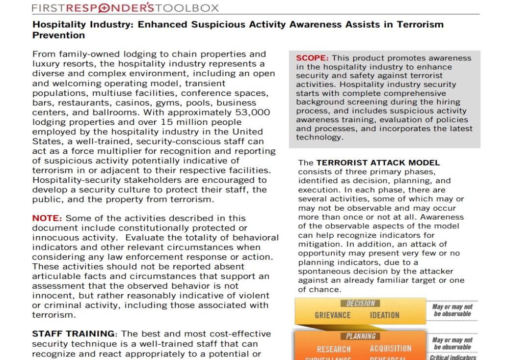 Hospitality Industry: Enhanced Suspicious Activity Awareness Assists in Terrorism Prevention