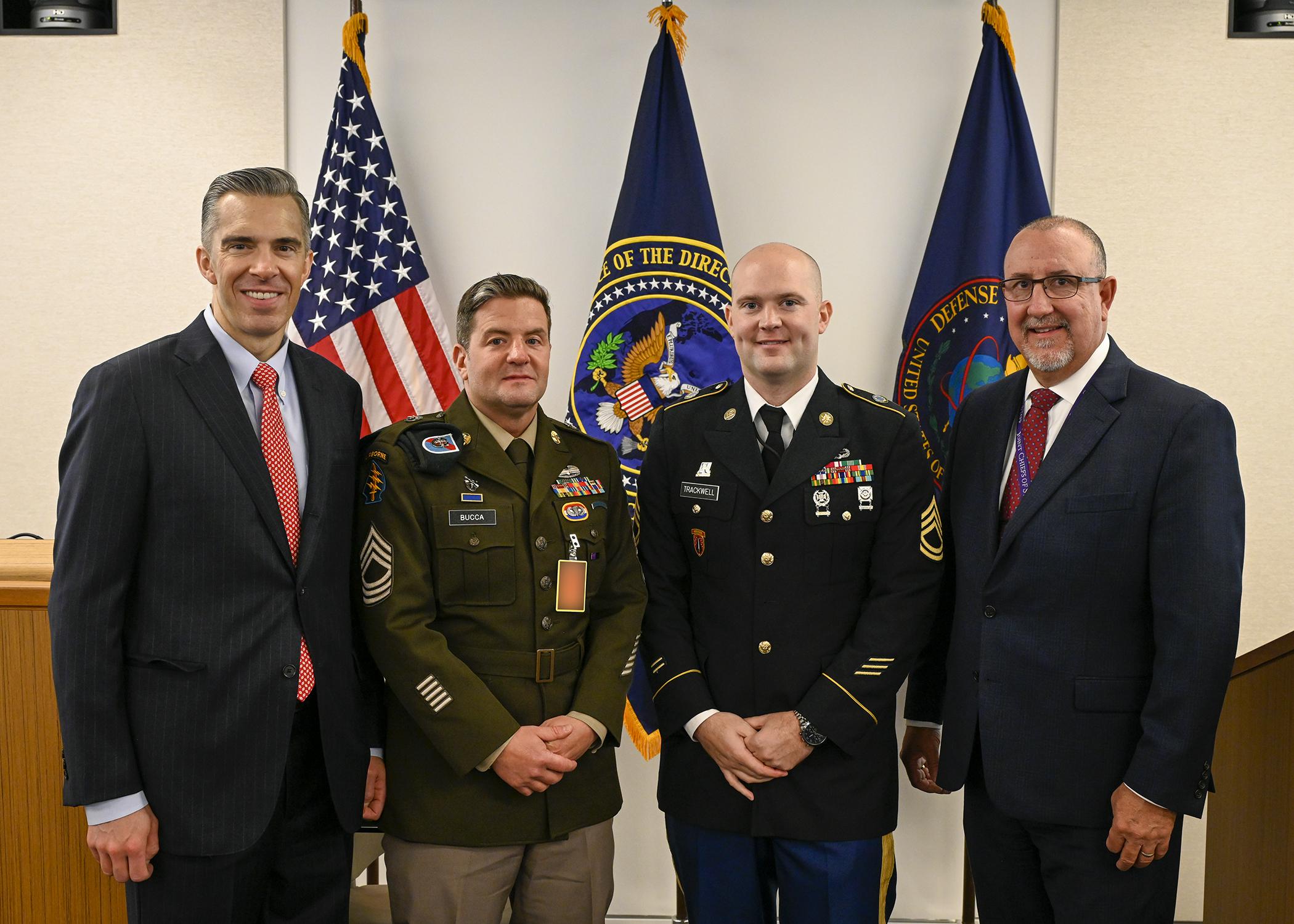 From left: National Counterterrorism Center Director Brett Holmgren, Ron Bucca Jr., SFC James Trackwell and DIA Defense Counterterrorism Office Chief Jimmie Youngblood